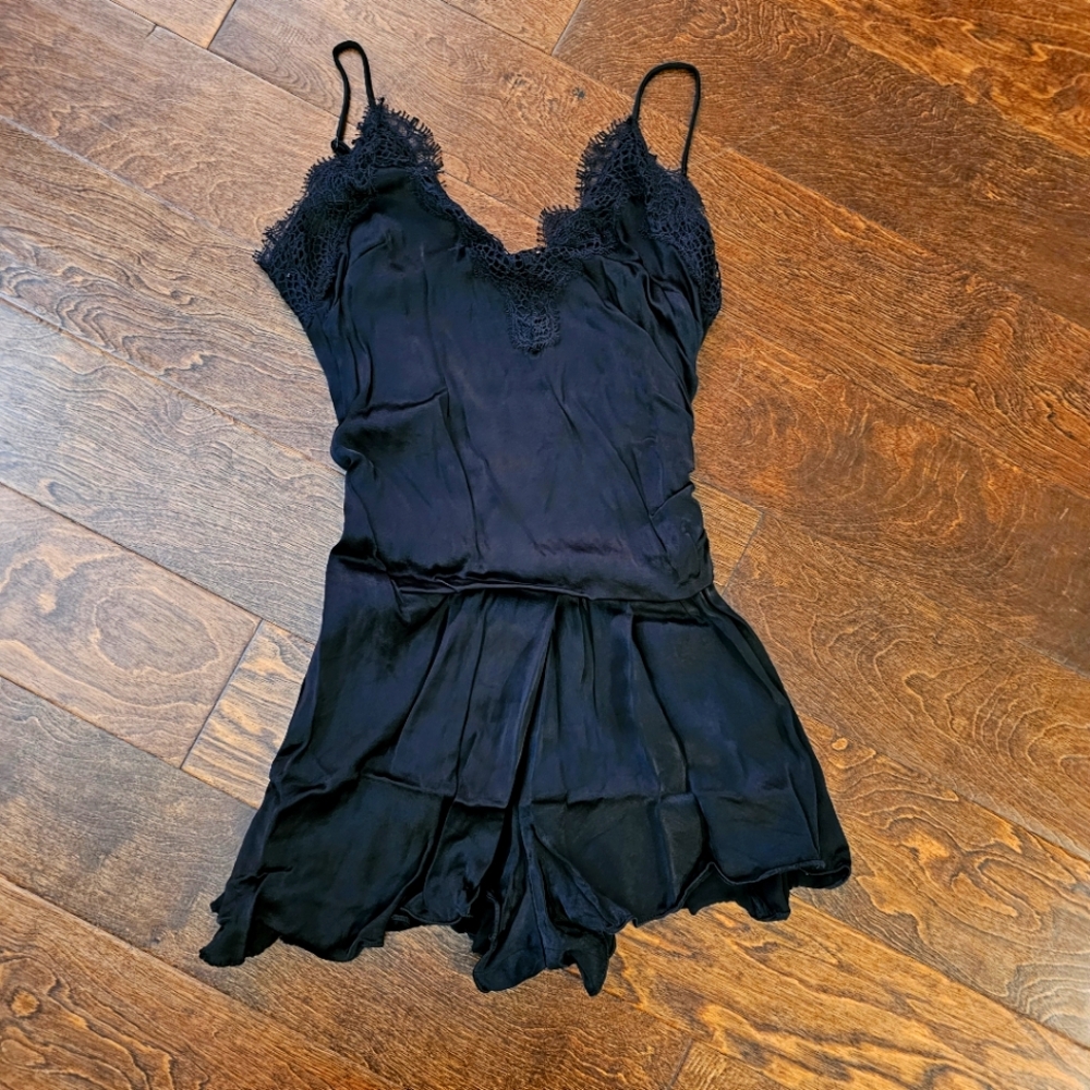 Zara Satiny Black Lace Trim Romper Size Small